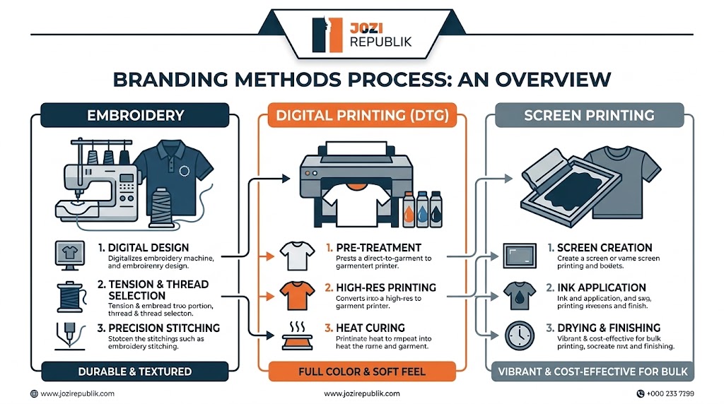 Branding methods process: an overview of embroidery, digital printing (DTG) and screen printing.